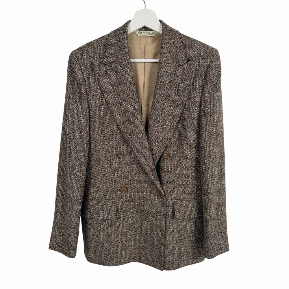 VTG Austin Reed Brown Tweed Wool Silk Blazer 4 Double Breasted Academia 80's